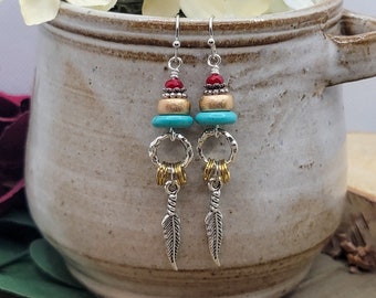 Boho Chic Silver Gold Turquoise Feather Earrings, Western Style, Country Free Spirit Long Earrings, Gift, Mixed Metal Earrings