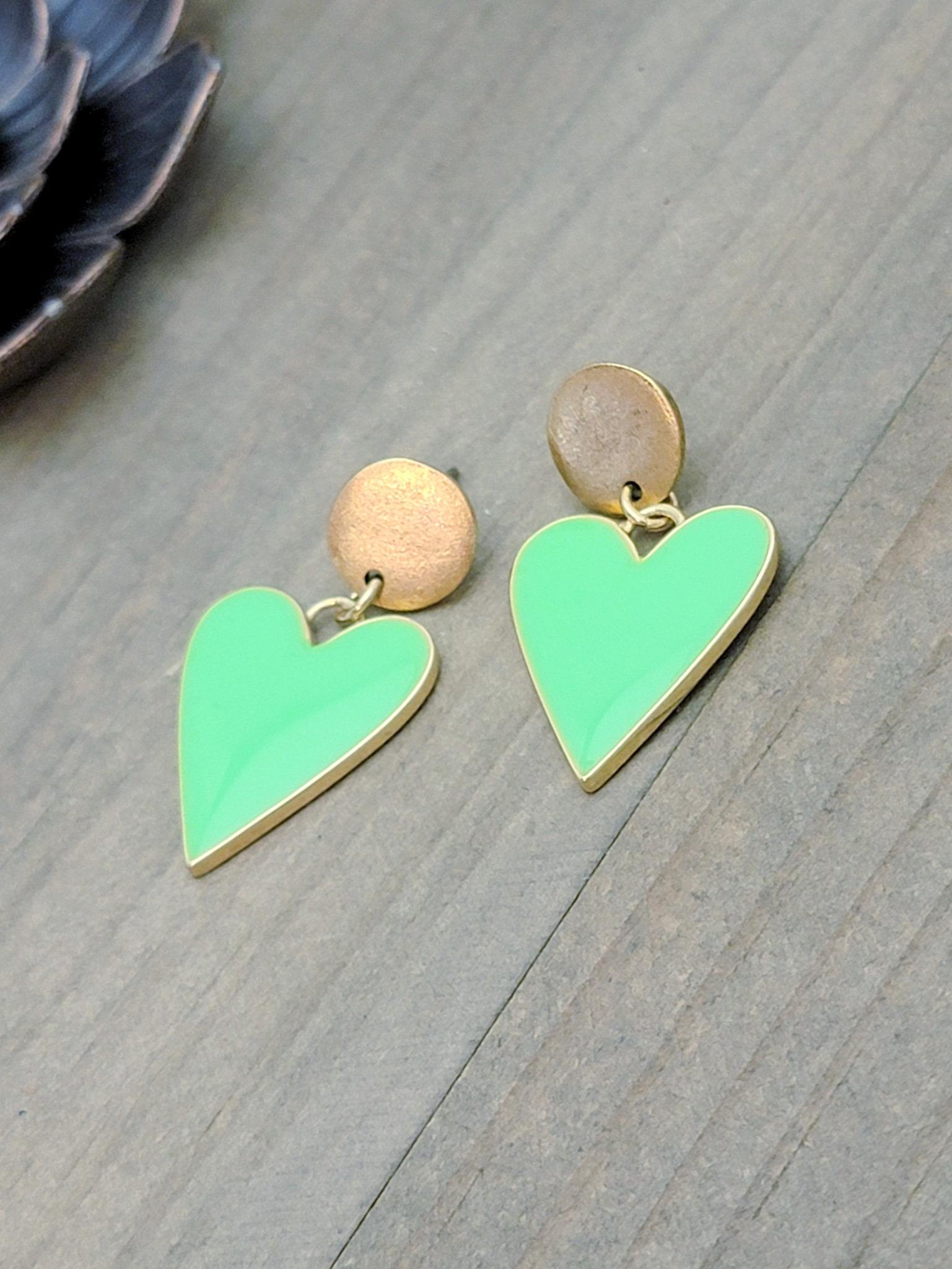 Lime Green and Gold Heart Statement Earrings, Gold Earrings, Heart Earrings, Enamel Earrings, Boho Earrings, Gold Stud Earrings, Love Gift