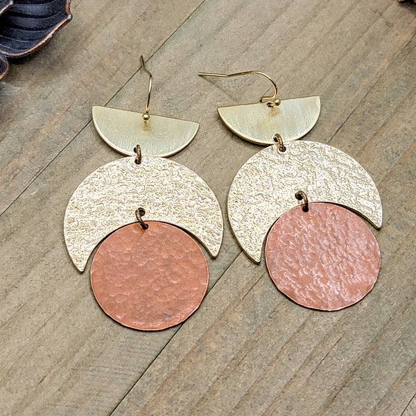 Large Mixed Metal Statement Earrings, Modern Earrings, Copper Earrings, Brass Earrings, Boho Earrings, Bohemian Earrings, Gift for her