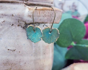 Lily Pad Earrings, Patina Lily Pad Dangle Earrings, Botanical Jewelry, Verdigris Patina Turquoise Earrings, Small Green Nature Leaf Earrings