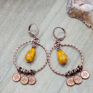 Boho Hoop Copper Earrings, Czech Glass Hoop Earrings, Copper Jewelry, Dangle Earrings, Glass Teardrop Hoop Earrings,Copper Charm Hoops, Gift