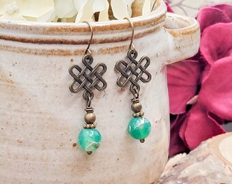 Celtic Knot Green Agate Dangle Earrings Gemstone, Boho Earrings, Agate Jewelry, Green Gemstone, Knot Jewelry, Antiqued Gift