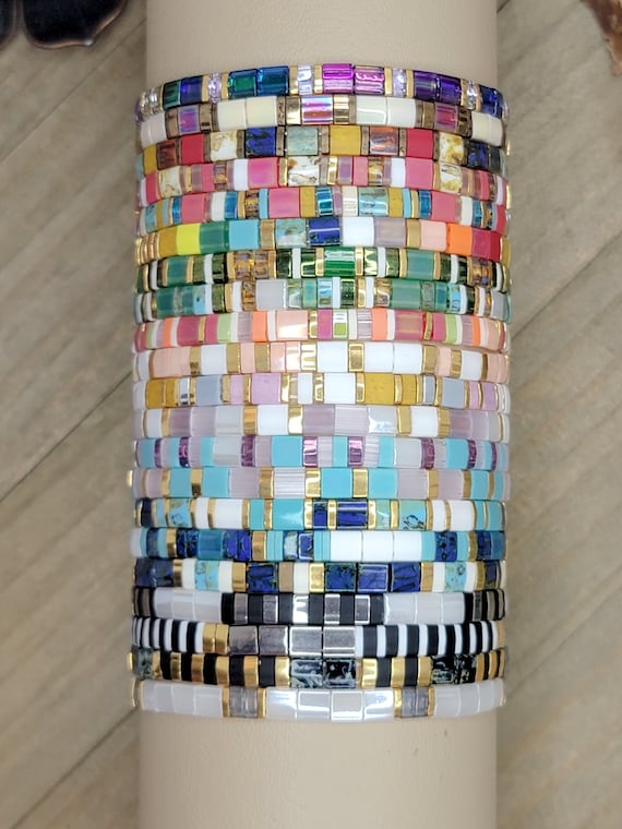 Colorful Glass Tile Beaded Bracelet, Tila Tile Bracelet, Miyuki Stretch Tila Bracelet,Colorblock Layering Popular Bracelet