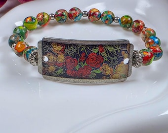 Vintage Floral Bracelet, Colorful Jasper Stretch Bracelet, Boho Cottagecore Jewelry, Handmade Gift for Women