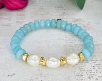 Aquamarine Gemstones and Baroque Pearl Bracelet, Semi-precious Gemstone Bracelet, Lux Boho Bracelet, Wrist Jewelry, March Birthstone Gift