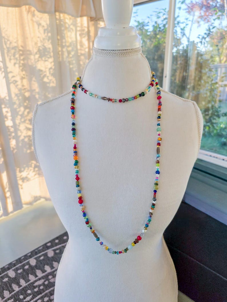 Boho Halsband med Ädelstenspärlor - Flerfärgat Glas och Trä, 63 cm bild 5