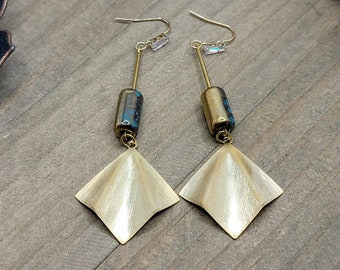 Long Gold Fan and Czech Glass Earrings, Modern Earrings, Statement Earrings, Mod Earrings, Boho Earrings, Brass Earrings, Metal Earrings