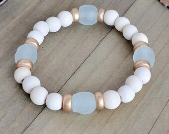 Wood Bracelet, Aqua Recycled Glass and Wood Bead Bracelet, Boho Stretch Bracelet, Gold Bracelet, Stacker Layering Statement Jewelry, Gift