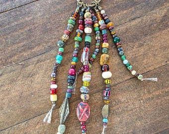 Boho Rustic Beaded Purse Tassel Keychain, Beaded Handbag Charm, Purse Charm, Czech Glass Bag Accessory, Beaded Bag Charm, Key Ring Gift