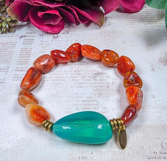 Carnelian Bracelet, Orange Stone Beaded Bracelet, Aqua Czech Glass Bracelet, Colorful Statement Bracelet