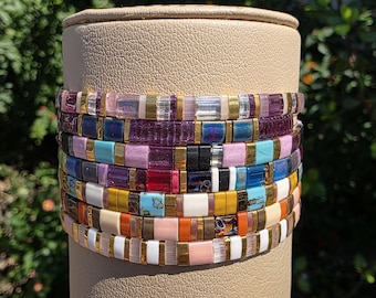 Pulsera de cuentas de azulejos de vidrio de colores, pulsera de azulejos de tila, pulsera Miyuki, pulsera de tila elástica, bloques de color, pulsera de capas