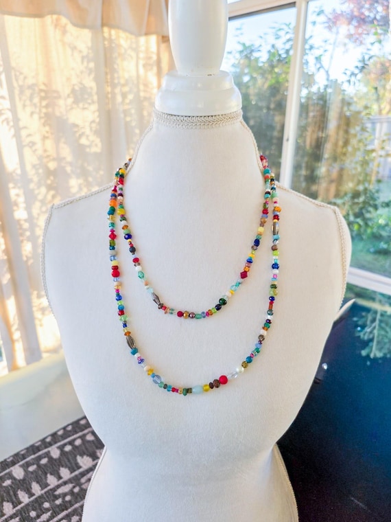 Boho Glass & Gemstone Bead Necklace- Multicolor Beaded Necklace, Sundance Style Jewelry, Artisan Necklace, Gift