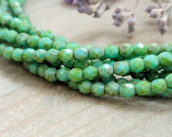 4mm Czech Fire Polished Beads, Round Turquoise Green Picasso, 50pcs, High Quality Designer Opaque Green Glass Beads Full Strand