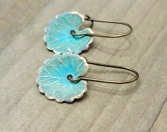 Lily Pad Earrings, Patina Lily Pad Dangle Earrings, Minimalist Earrings, Verdigris Patina Lily Pad Earrings, Small Green Leaf Earrings, Gift