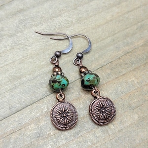 Copper Earrings, Earthy Copper Drop Earrings, Czech Glass Dangle Charm Earrings, Rustic Earrings, Nature Bohemian Boho Jewelry
