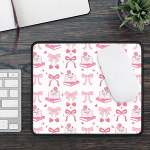 Pink Ribbon & Cherry Pattern Gaming Mouse Pad | Cute Kawaii Book Icons