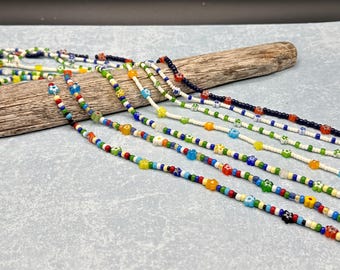 Stretch Choker Necklace, Glass Flower & Seed Beads, Multi Color