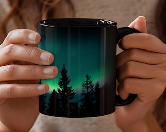 Green Northern Lights Mug Aurora Borealis Ceramic Cup Pine Tree Silhouette Design Night Sky Mountain Coffee Camping Gift Nature Lover Starry