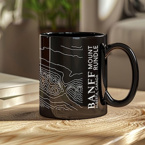 Mount Rundle Topographic Map Mug Banff Alberta Canada Souvenir Black Ceramic Coffee Cup for Hikers Modern Mountain Gift 11oz 15oz Homeware