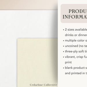 May include: A product information graphic with text on a cream background. The text includes details about the product, such as multiple color options, three-ply soft tissue, and vibrant full-color print. The product is sourced and printed in the USA.
