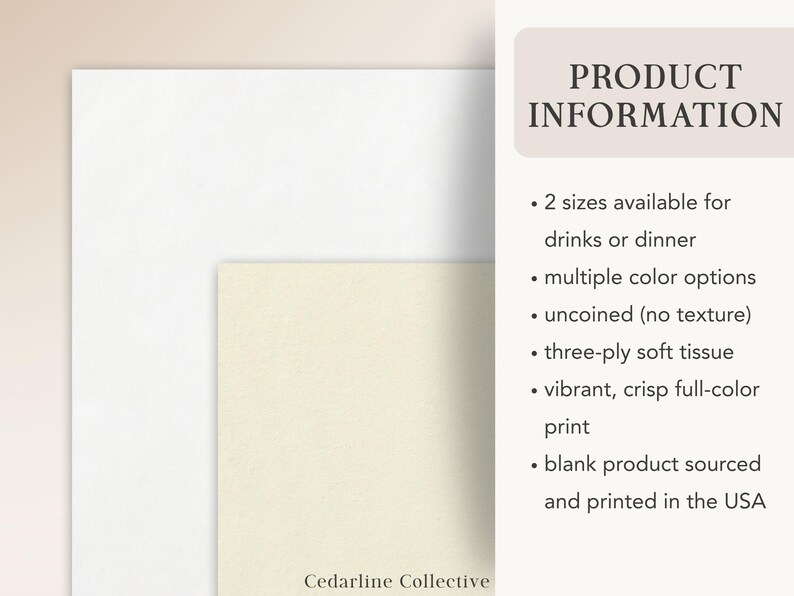 May include: A product information graphic with text on a cream background. The text includes details about the product, such as multiple color options, three-ply soft tissue, and vibrant full-color print. The product is sourced and printed in the USA.