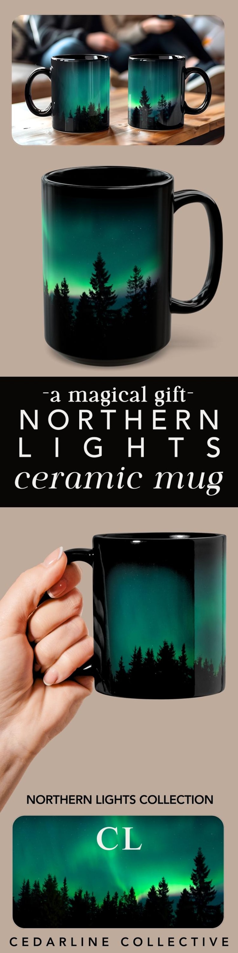 Green Northern Lights Mug Aurora Borealis Ceramic Cup Pine Tree Silhouette Design Night Sky Mountain Coffee Camping Gift Nature Lover Starry image 20