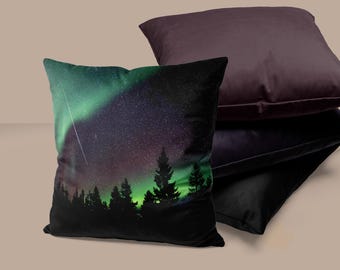 Aurora Borealis Pillow Cover Square Decorative Cushion Velveteen Living Room Decor Cabin Rustic Home Design Northern Lights Green Purple