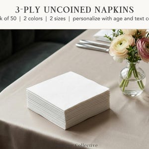 May include: A stack of white, 3-ply uncoined napkins on a beige tablecloth. The napkins are next to a small glass vase with flowers. Text at the top reads "3-PLY UNCOINED NAPKINS" and other details.
