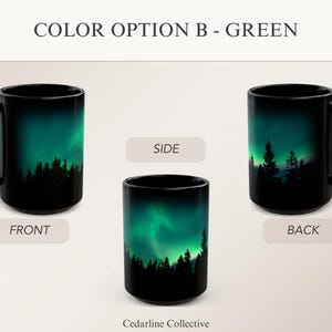Green Northern Lights Mug Aurora Borealis Ceramic Cup Pine Tree Silhouette Design Night Sky Mountain Coffee Camping Gift Nature Lover Starry Green