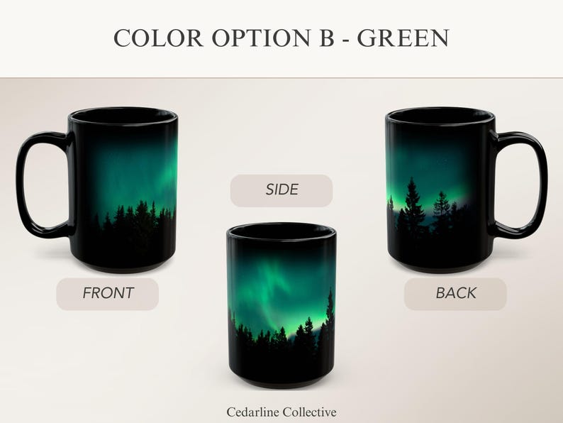Green Northern Lights Mug Aurora Borealis Ceramic Cup Pine Tree Silhouette Design Night Sky Mountain Coffee Camping Gift Nature Lover Starry Green