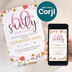 60th Birthday Invitation Template Bundle Custom Digital Invite Floral Birthday 60 Years Loved Printable Invitation Wildflower Party WF601