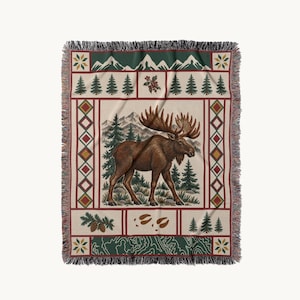 Classic Fair Isle Moose Woven Throw Blanket, Rustic Cabin Decor, Personalized Woven Tapestry, Custom Name Housewarming Gift, Lodge Accent