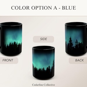 Green Northern Lights Mug Aurora Borealis Ceramic Cup Pine Tree Silhouette Design Night Sky Mountain Coffee Camping Gift Nature Lover Starry Blue