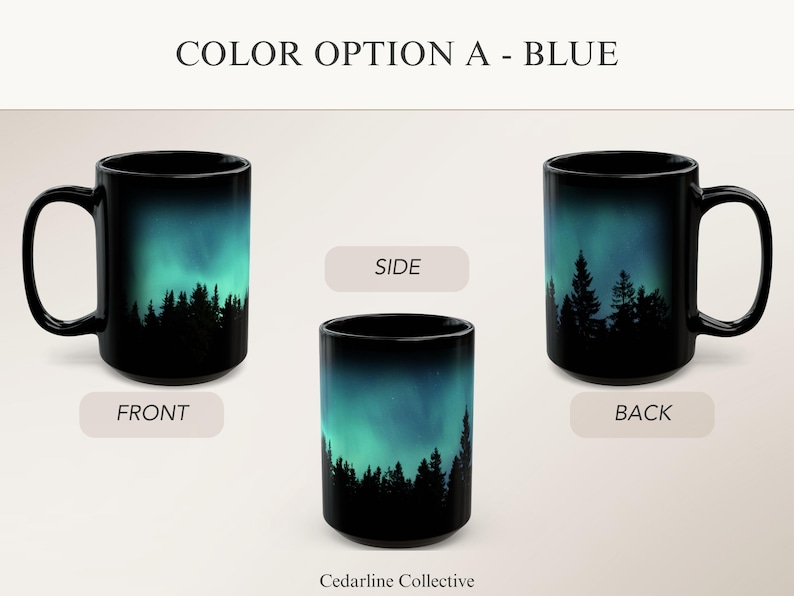 Green Northern Lights Mug Aurora Borealis Ceramic Cup Pine Tree Silhouette Design Night Sky Mountain Coffee Camping Gift Nature Lover Starry Blue