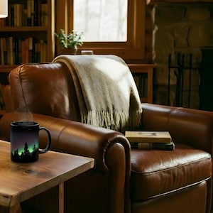 Starry Sky Mug Pine Tree Silhouette Design Northern Lights Illustration Aurora Borealis Artwork Mountain Scene Ceramic Coffee Cup Nature Lover Gift Outdoor Enthusiast Present Camping Essential Morning Brew Companion Microwave Safe