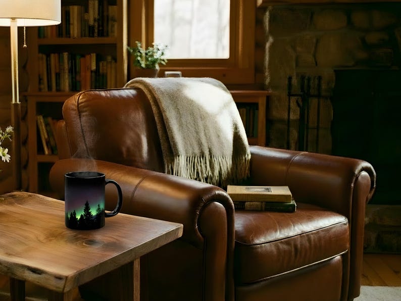 Starry Sky Mug Pine Tree Silhouette Design Northern Lights Illustration Aurora Borealis Artwork Mountain Scene Ceramic Coffee Cup Nature Lover Gift Outdoor Enthusiast Present Camping Essential Morning Brew Companion Microwave Safe