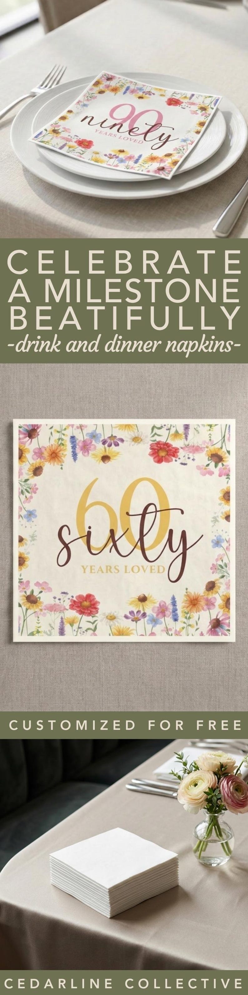 May include: Square paper napkins with floral border and the text "sixty years loved". The napkins are cream-colored with a floral design in red, yellow, and purple. The image also shows a stack of white napkins.