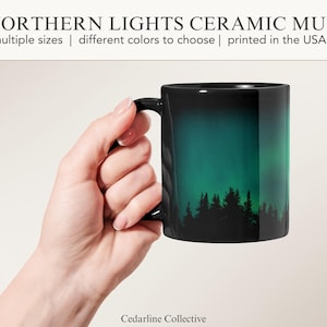 Green Northern Lights Mug Aurora Borealis Ceramic Cup Pine Tree Silhouette Design Night Sky Mountain Coffee Camping Gift Nature Lover Starry image 2