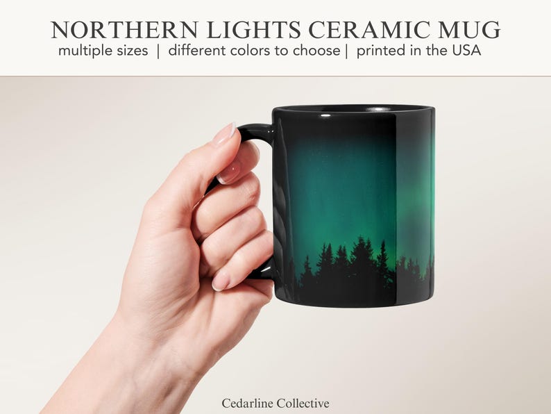 Green Northern Lights Mug Aurora Borealis Ceramic Cup Pine Tree Silhouette Design Night Sky Mountain Coffee Camping Gift Nature Lover Starry image 2