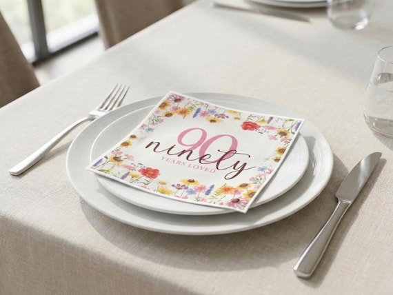 Wildflower Milestone Birthday Napkins 50 Pack 80 Years Loved Floral Garden Party Décor 90th Custom Uncoined White Ecru Cocktail Brunch Event