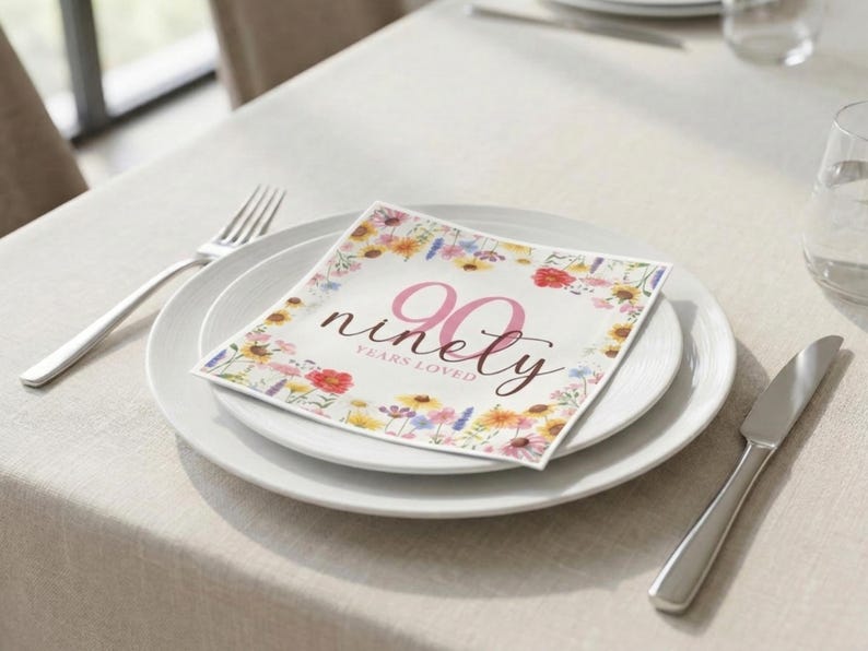 May include: A white plate setting with a floral-decorated napkin that reads "90 years loved." The napkin is surrounded by colorful flowers. A fork and knife are placed on either side of the plate. The table is covered with a light beige tablecloth.