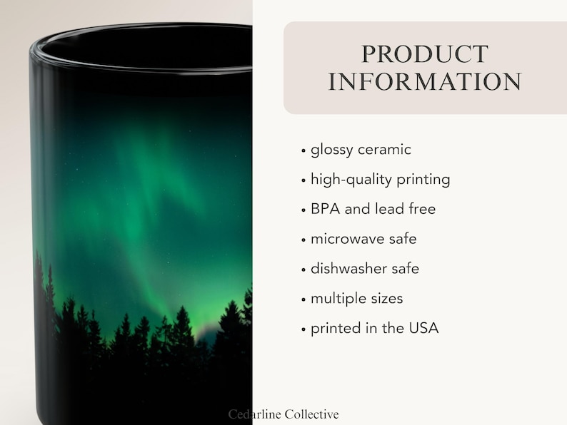 Green Northern Lights Mug Aurora Borealis Ceramic Cup Pine Tree Silhouette Design Night Sky Mountain Coffee Camping Gift Nature Lover Starry image 7