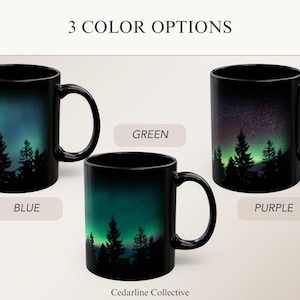 Green Northern Lights Mug Aurora Borealis Ceramic Cup Pine Tree Silhouette Design Night Sky Mountain Coffee Camping Gift Nature Lover Starry image 10