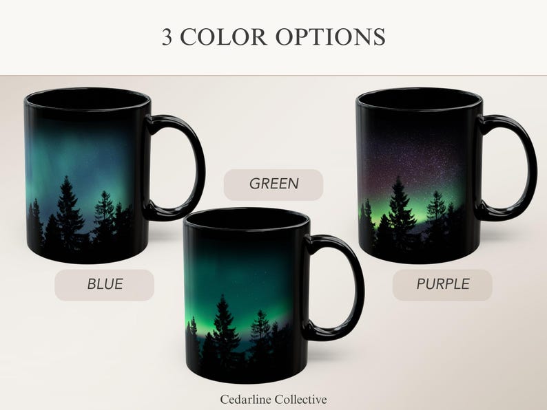 Green Northern Lights Mug Aurora Borealis Ceramic Cup Pine Tree Silhouette Design Night Sky Mountain Coffee Camping Gift Nature Lover Starry image 10