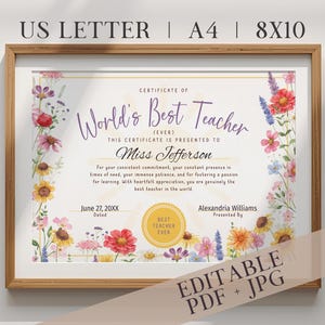 Worlds Best Teacher Certificate Best Teacher Ever Award Printable for Teacher Appreciation Week Personalized Teacher Award Certificate Corjl