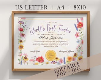 Worlds Best Teacher Certificate Best Teacher Ever Award Printable for Teacher Appreciation Week Personalized Teacher Award Certificate Corjl