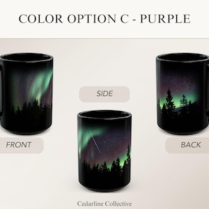 Green Northern Lights Mug Aurora Borealis Ceramic Cup Pine Tree Silhouette Design Night Sky Mountain Coffee Camping Gift Nature Lover Starry Purple