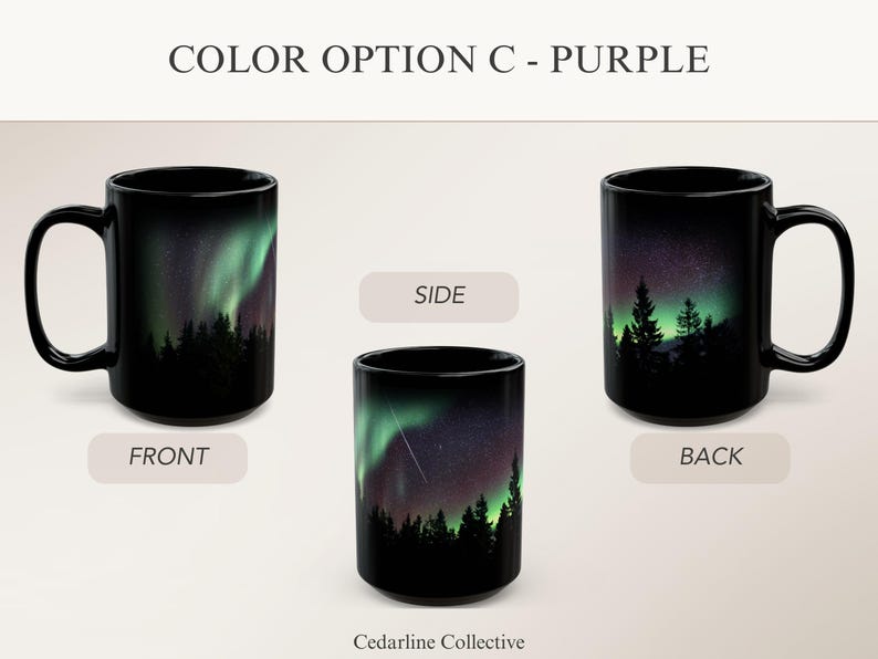 Green Northern Lights Mug Aurora Borealis Ceramic Cup Pine Tree Silhouette Design Night Sky Mountain Coffee Camping Gift Nature Lover Starry Purple