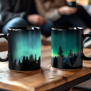 Camping Coffee Mug Northern Lights Design Outdoor Adventure Cup Pine Tree Silhouette Mountain Scene Aurora Borealis Artwork Nature Enthusiast Gift Wilderness Lover Present Starry Sky Ceramic Cup Morning Brew Companion Travel Souvenir