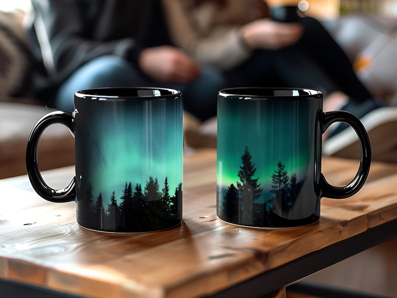 Camping Coffee Mug Northern Lights Design Outdoor Adventure Cup Pine Tree Silhouette Mountain Scene Aurora Borealis Artwork Nature Enthusiast Gift Wilderness Lover Present Starry Sky Ceramic Cup Morning Brew Companion Travel Souvenir
